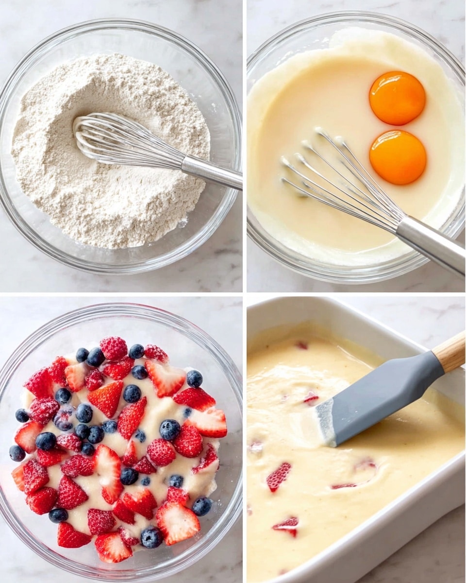 The image shows four steps of a dessert preparation in clear glass bowls and a white tray on a white marbled surface. The first bowl holds a pile of dry white flour with a metal whisk placed inside. The second bowl contains a mix of batter with two whole eggs cracked on top, and the whisk is partly mixing the wet and dry ingredients. The third bowl shows the batter fully mixed and smooth with a gray spatula dipped in it. The last image shows a creamy pale yellow batter in a white tray spread evenly and topped with scattered fresh berries including red raspberries, strawberry slices, and whole blueberries. Photo taken with an iphone --ar 4:5 --v 7