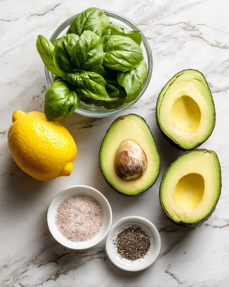 A top-down view of fresh ingredients arranged on a white marbled surface, including three avocado halves with dark green skins and light green, smooth interiors placed on the top right; a glass bowl filled with bright green basil leaves on the left; a whole yellow lemon at the bottom center; and a small white bowl on the bottom right containing three different powders in sections—pink salt, light beige garlic powder, and black pepper. Each item is clearly separated with space around it for clear visibility photo taken with an iphone --ar 4:5 --v 7