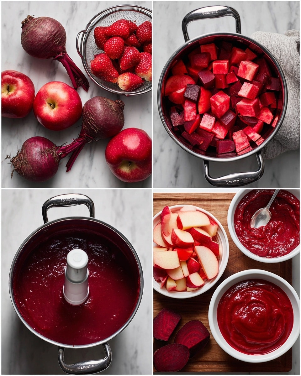 The image shows four steps of making a red fruit and vegetable sauce. The first step displays whole red beets with green leaves on a white marbled surface, next to a black colander filled with whole red apples and a clear bowl of bright red strawberries. The second step shows chopped pieces of apples, sliced strawberries, and small beet cubes layered inside a silver pot with black handles, visible from above. The third step reveals a thick, smooth, deep red sauce inside the same pot, with a white immersion blender partially immersed in the sauce. The fourth step presents two white bowls filled with thick, vibrant red sauce on a white marbled surface, beside sliced apples, frozen strawberries, and a beet on a wooden board, with a spoon placed in one of the bowls. Photo taken with an iphone --ar 4:5 --v 7