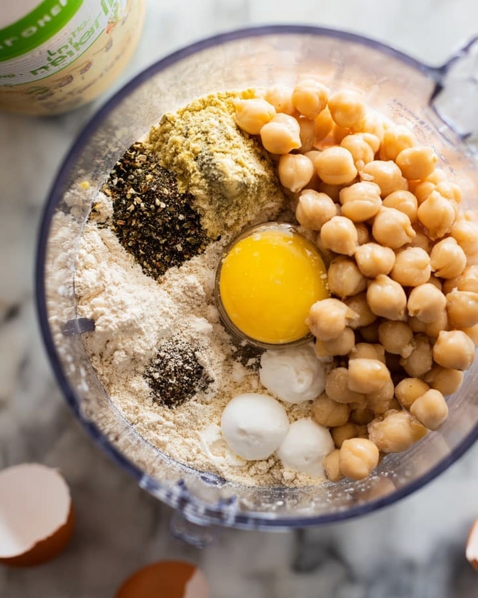 A clear food processor bowl seen from above holds several ingredients arranged in layers: light beige chickpeas fill nearly half the bowl on the right side, a single bright yellow egg yolk sits near the center top, ground black spices are sprinkled in two clusters on the left and bottom center, beige flour covers the bottom left area, and small white dollops, one in the center on the blade and one near the chickpeas, are visible. The background is a white marbled surface with a blurred green-labeled container and a white egg shell partially visible at the edges. photo taken with an iphone --ar 4:5 --v 7