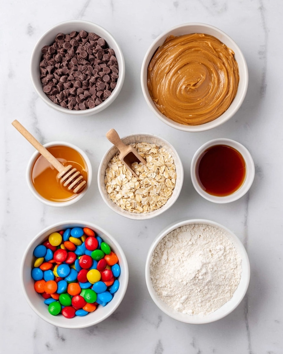 The image shows seven white bowls arranged on a white marbled surface. The top left bowl is filled with small dark brown chocolate chips. To its right is a bowl filled with smooth, creamy brown peanut butter. Below the chocolate chips, there is a bowl with dry rolled oats and a small wooden scoop partially buried in the oats. To the right of the oats, there is a smaller bowl with a dark amber-colored liquid, likely vanilla extract. On the bottom left, a bowl holds amber honey with a wooden honey dipper resting inside. Below the honey, there is a bowl full of colorful candy-coated chocolates featuring bright red, blue, orange, yellow, green, and brown pieces. To the right of the honey is a white bowl with a fine white powder, probably flour. Finally, the bottom right bowl contains fine white salt. All the bowls have simple clean shapes, and the white marbled background adds a fresh and bright feel. photo taken with an iphone --ar 4:5 --v 7