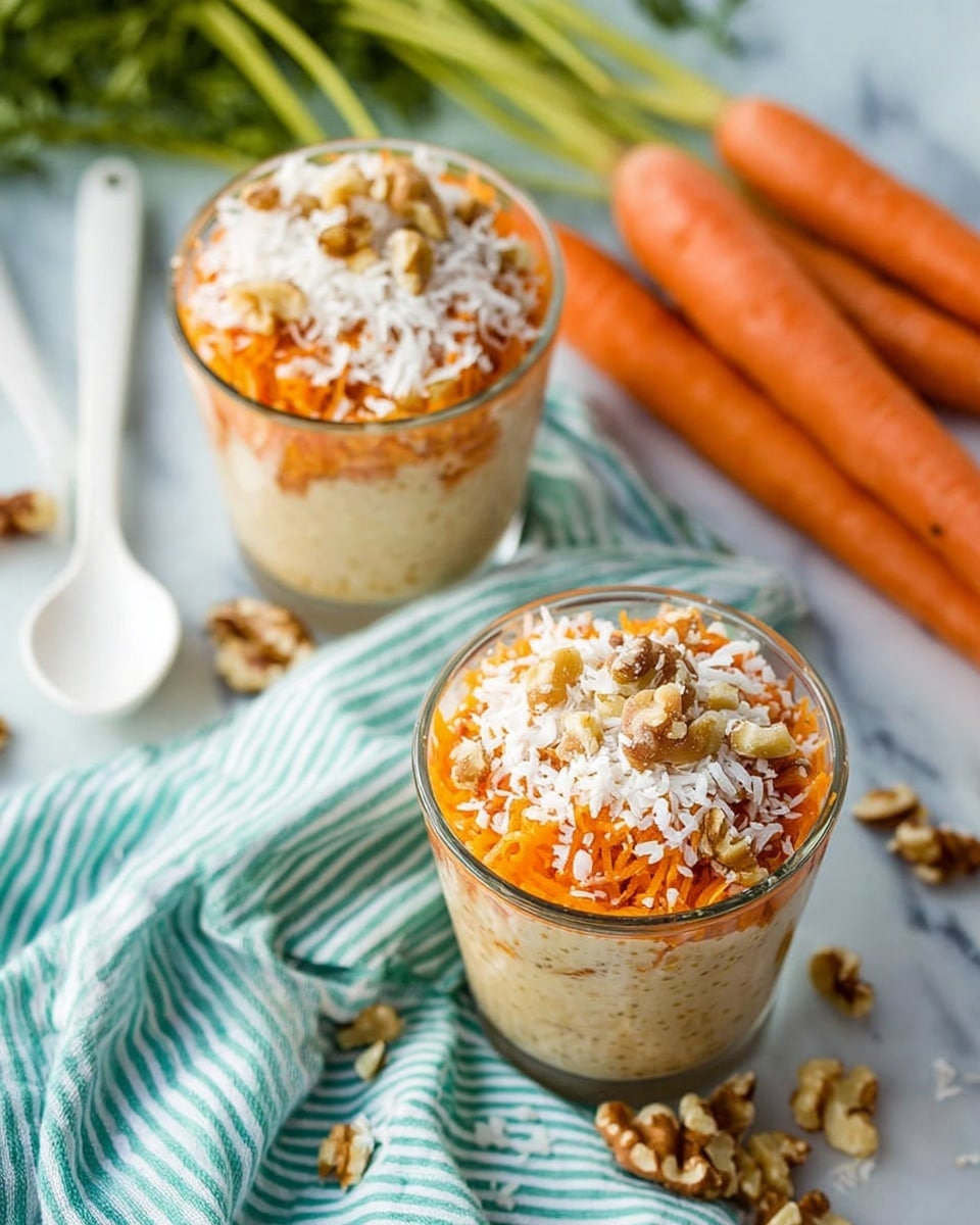 The image shows a clear glass filled with a layered dessert or breakfast dish. The bottom layer is creamy and light beige with visible black chia seeds mixed throughout. Above this is a layer of finely grated orange carrot, followed by a sprinkling of white shredded coconut. On top, there are small pieces of light brown walnut scattered as garnish. The glass is placed on a white and blue striped cloth, and the background has some blurred orange carrots and green leaves, all on a white marbled surface. Photo taken with an iphone --ar 4:5 --v 7