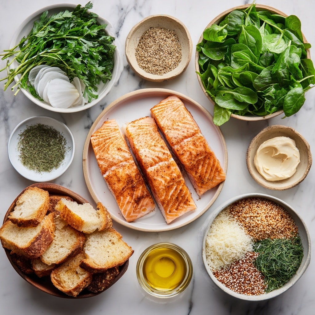A wooden bowl on a white marbled surface holds a layered salad. The bottom layer is fresh green spinach and lettuce leaves with a creamy white sauce drizzled across them. On top, there is a light yellow grain, possibly couscous or quinoa, spread roughly in the middle. The top layer consists of six pieces of dark brown, grilled salmon with a slightly crispy texture. A wooden spoon filled with extra creamy white sauce sprinkled with black pepper rests inside the bowl on the right side. Photo taken with an iphone --ar 4:5 --v 7