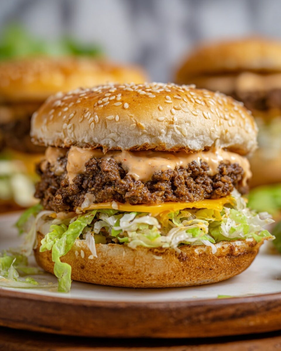 A close-up of a double-layer burger on a white sesame seed bun, with two layers of crumbled cooked beef patties, separated by a mix of light orange sauce and shredded pale green lettuce; the bottom layer also has a slice of bright yellow cheese and more shredded lettuce, all held together on a round white plate, set on a white marbled surface, with a blurred background showing more burgers, photo taken with an iphone --ar 4:5 --v 7