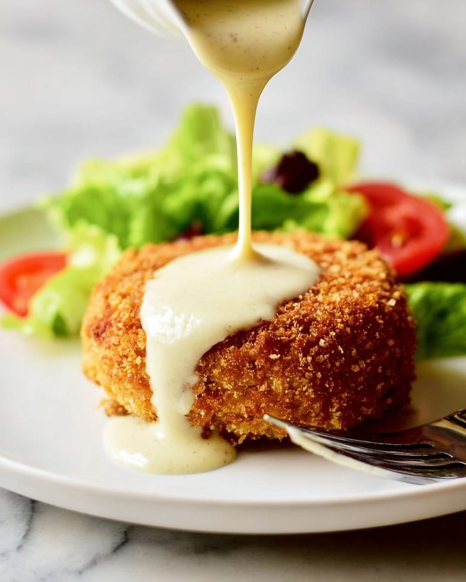 The dish shows one thick, golden brown fried crust layer, crispy on the outside, with shredded white pieces inside that look soft and tender. On top, there is a smooth, creamy light yellow sauce, slightly spread and garnished with a few tiny green herb bits. The food sits partially in front of a small portion of fresh green lettuce and a slice of red tomato, all on a white plate with a white marbled surface. A fork lies to the right of the dish with some crumbs around. photo taken with an iphone --ar 4:5 --v 7
