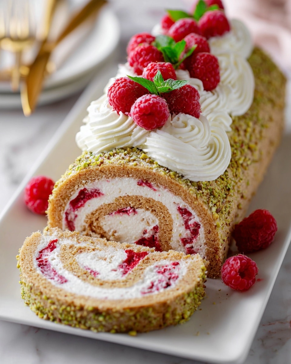 This image shows a rolled cake sliced to reveal its layers. The outer layer is a light brown sponge with crushed pistachios dusted on the outside. Inside, there are swirls of white cream and a thin layer of red raspberry filling spread evenly throughout. The cake is topped with thick swirls of white cream, fresh red raspberries, and small sprigs of bright green mint leaves. The cake sits on a white rectangular plate set on a white marbled surface. In the background, there is a blurred woman’s hand holding a gold fork and knife. Photo taken with an iphone --ar 4:5 --v 7