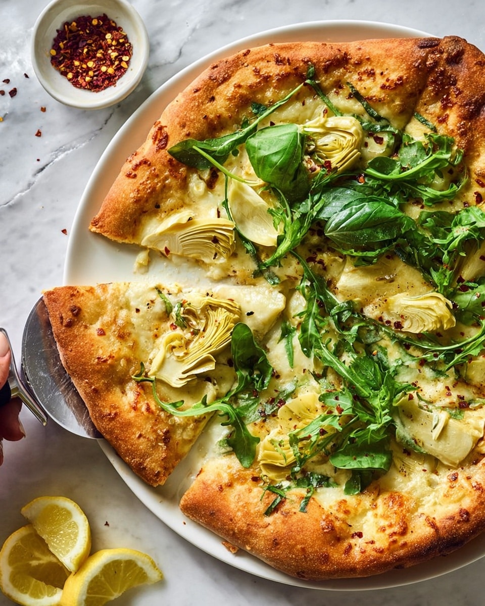 A white plate holds a pizza with a golden-brown thick crust that looks crispy on the edges. The pizza has a layer of melted cheese that is creamy white and slightly browned in spots, topped with soft artichoke pieces in pale yellow and green shades. On top, there is a fresh layer of bright green leafy arugula and basil scattered unevenly. To the side, a small white bowl contains red chili flakes, and there are lemon wedges with a pale yellow color near the pizza. The scene is set on a white marbled surface, and a woman's hand holds a silver pizza cutter near the pizza photo taken with an iphone --ar 4:5 --v 7