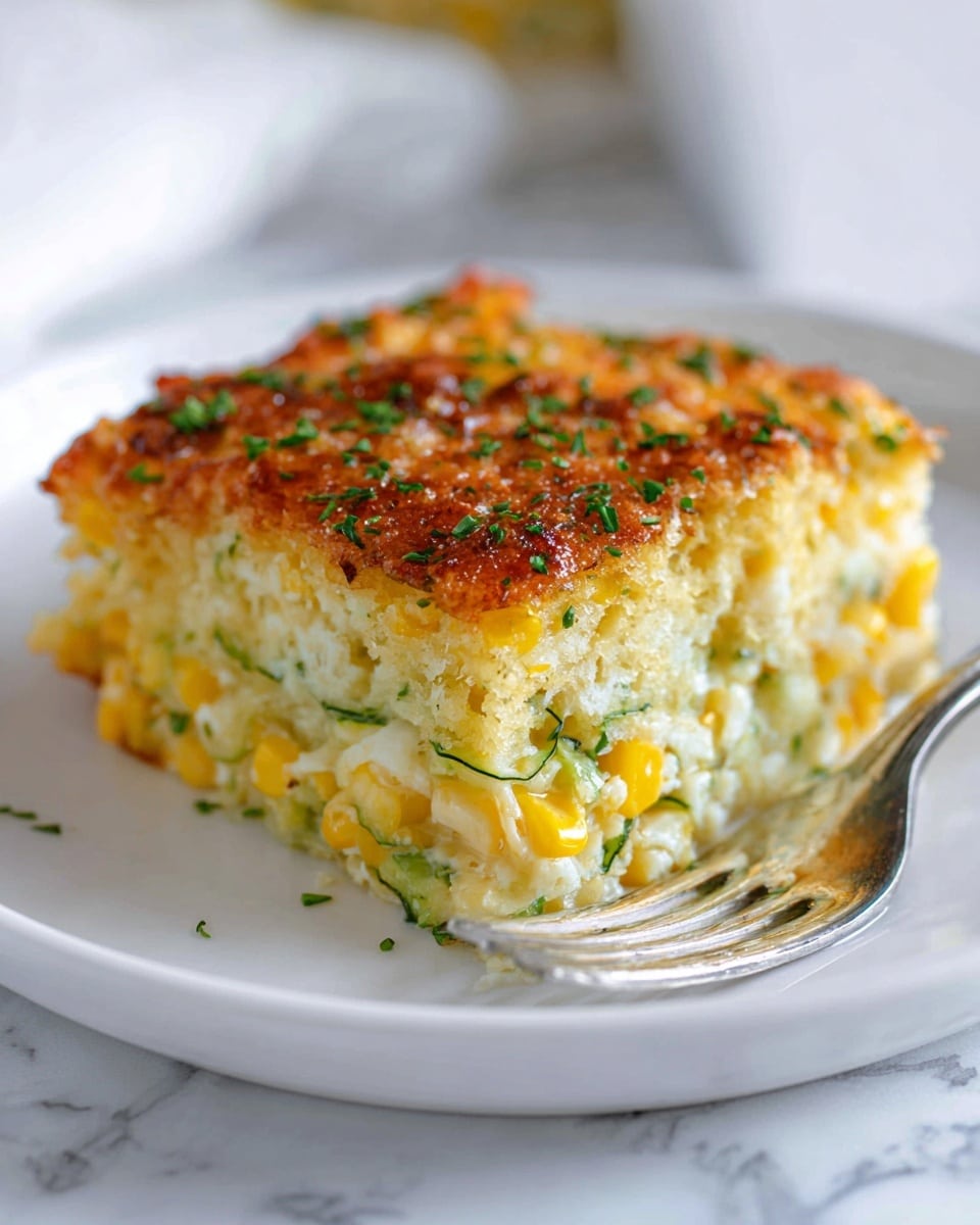 The image shows a glass baking dish filled with thick, square slices of a baked dish made with a light yellow base mixed with green and some visible corn kernels. The top layer is golden brown with melted cheese that has browned in spots, giving a slightly crispy texture. The pieces are slightly raised from the bottom, showing a dense but fluffy texture inside mixed with green herbs or vegetables. A piece is being lifted, showing the soft inside and browned edges. The dish is placed on a white cloth with a black grid pattern, all set on a white marbled textured surface. photo taken with an iphone --ar 4:5 --v 7