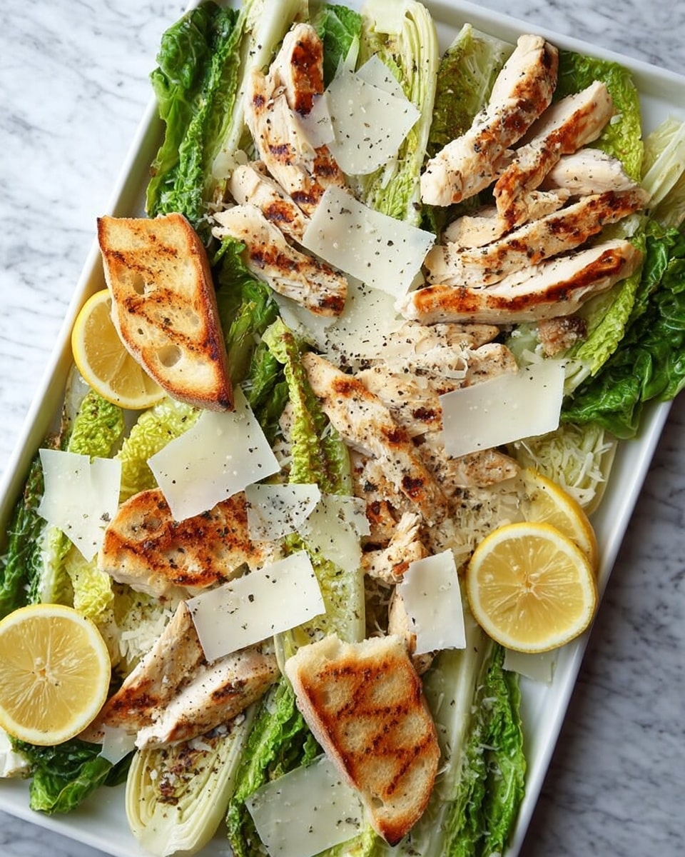 A white tray holds a grilled salad with several green lettuce halves laid flat as the first layer, showing char marks and a slightly wilted texture. On top are strips of light brown grilled chicken seasoned with black pepper, arranged scattered across the lettuce. Large thin white shavings of cheese are spread unevenly over the chicken and lettuce. Toasted white bread pieces with dark brown grill marks are placed at the edges and center on top of the salad. Two lemon wedges with bright yellow peel and juicy flesh sit in opposite corners of the tray. The whole scene is set against a white marbled surface. Photo taken with an iphone --ar 4:5 --v 7