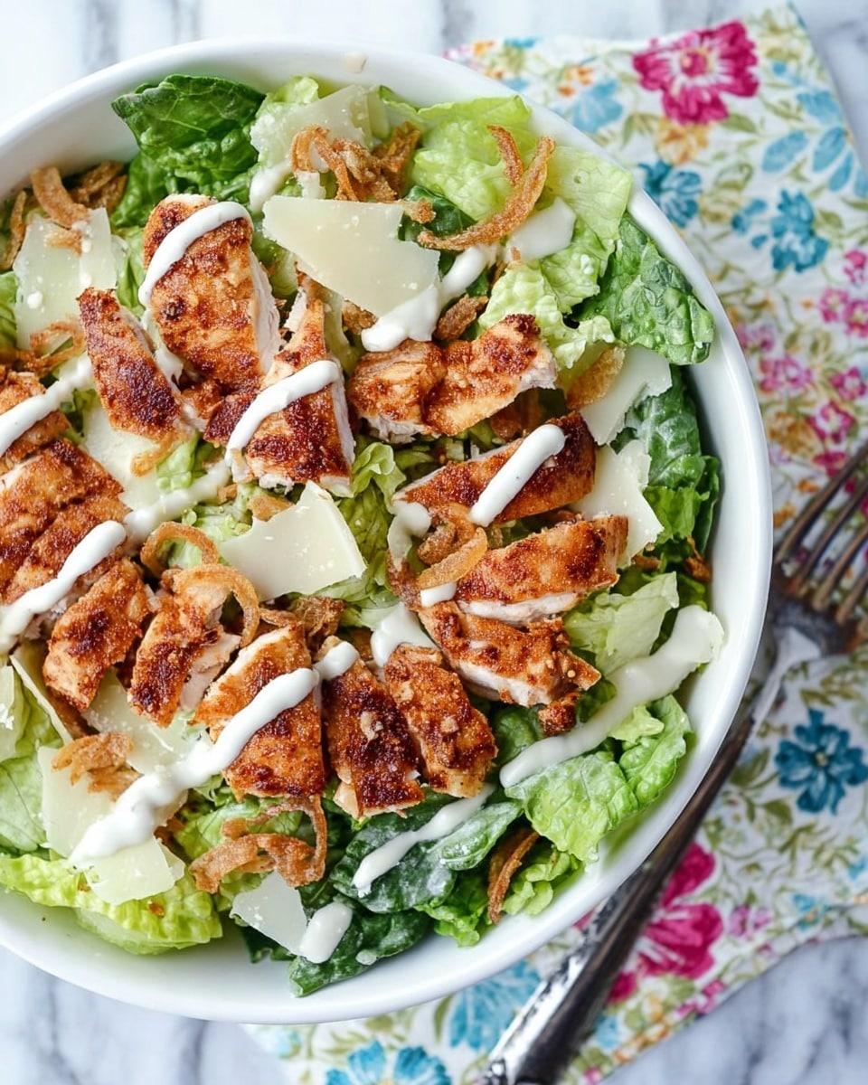 A white bowl filled with a fresh salad, the base layer is green lettuce leaves with a slightly crinkled texture. On top are three pieces of spiced and cooked chicken, with a dark golden brown color and slightly crispy edges. Scattered over the chicken and lettuce are small crunchy fried onions, light golden in color and irregular in shape. Thin, wide shavings of pale yellow cheese are placed unevenly on the salad. Drizzled over the entire dish is a creamy white sauce in thin lines, adding a smooth contrast to the textured ingredients. The bowl is set on a white marbled surface with soft natural light. photo taken with an iphone --ar 4:5 --v 7