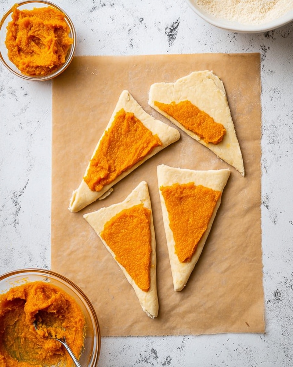 A white marbled surface holds a piece of brown parchment paper with four triangular slices of dough spread evenly with a bright orange pumpkin filling. At the top of the paper, one triangle has been rolled into a small crescent shape. A spoon with pumpkin filling rests nearby, partially spread onto one triangle. A clear glass bowl with more pumpkin filling is partly visible in the lower left corner, and a white bowl is partly seen in the top right corner. photo taken with an iphone --ar 4:5 --v 7