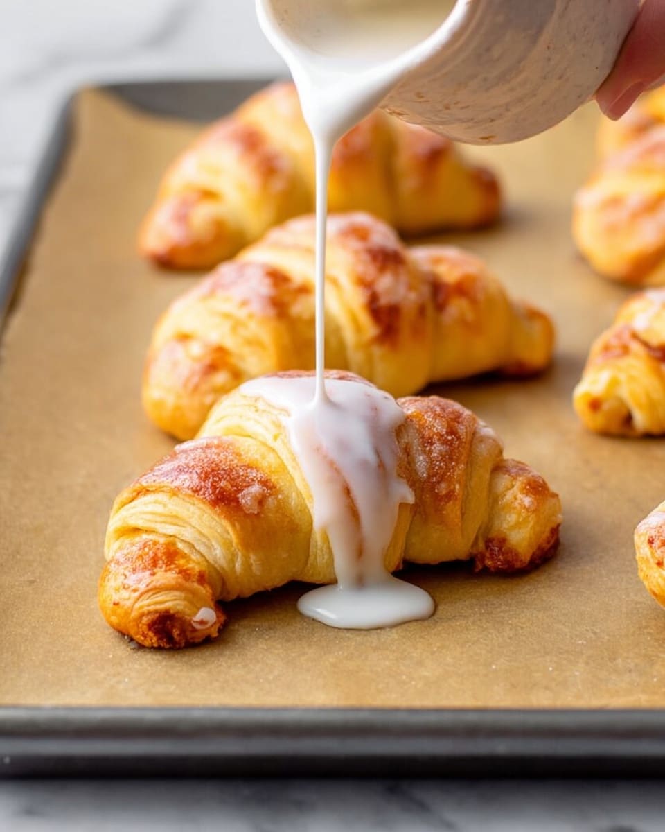 The image shows several golden brown crescent rolls placed on a sheet of parchment paper on a baking tray. A woman's hand is pouring a thick, white glaze over the middle crescent roll, covering its textured, slightly crispy surface and dripping down the sides onto the parchment. The crescent rolls have a warm, fluffy texture with a soft inside hinting at the filling. The background is a white marbled surface. Photo taken with an iphone --ar 4:5 --v 7