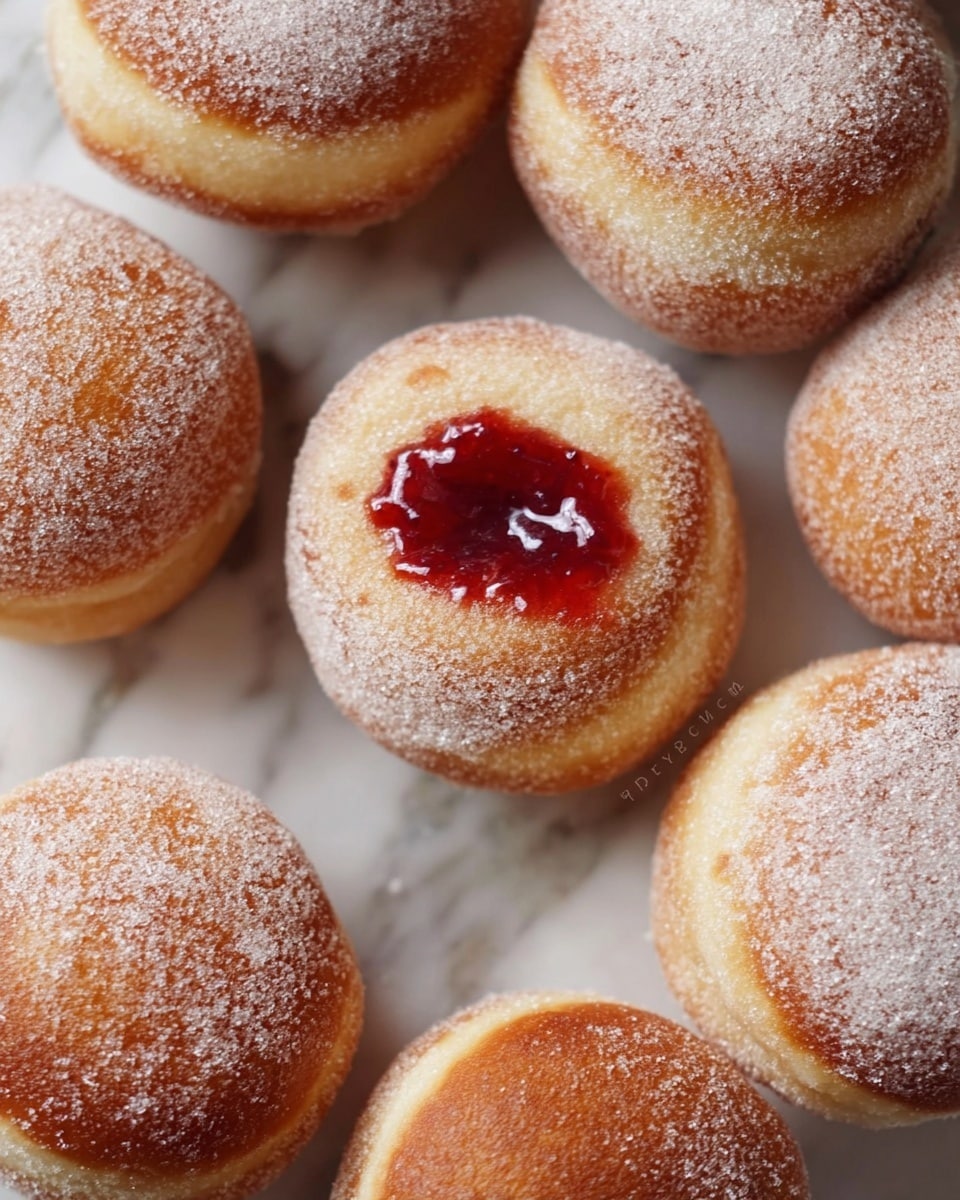 A close-up view of several round doughnuts placed on a white marbled surface, each lightly dusted with a fine layer of white sugar giving a soft, powdery texture on their golden brown tops and sides; among them, one doughnut is filled with bright red jam filling slightly oozing out, visible on the top center, showing a glossy smooth texture contrasting with the sugar coating. photo taken with an iphone --ar 4:5 --v 7