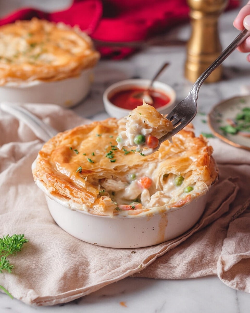 A white round ceramic dish filled with a three-layered chicken pot pie sits on a soft beige cloth over a white marbled surface. The bottom layer shows creamy white sauce with small chunks of orange carrots and green peas. The middle layer includes more chunks of white chicken mixed with vegetables. The top layer is a golden brown, flaky pie crust with small green herb bits scattered on top. A woman's hand holds a fork lifting a portion of the pie, showing the layers inside. In the background, there is another similar dish slightly out of focus, glass pepper grinder, small gold bowl with red sauce, and some parsley on the marble. Photo taken with an iphone --ar 4:5 --v 7