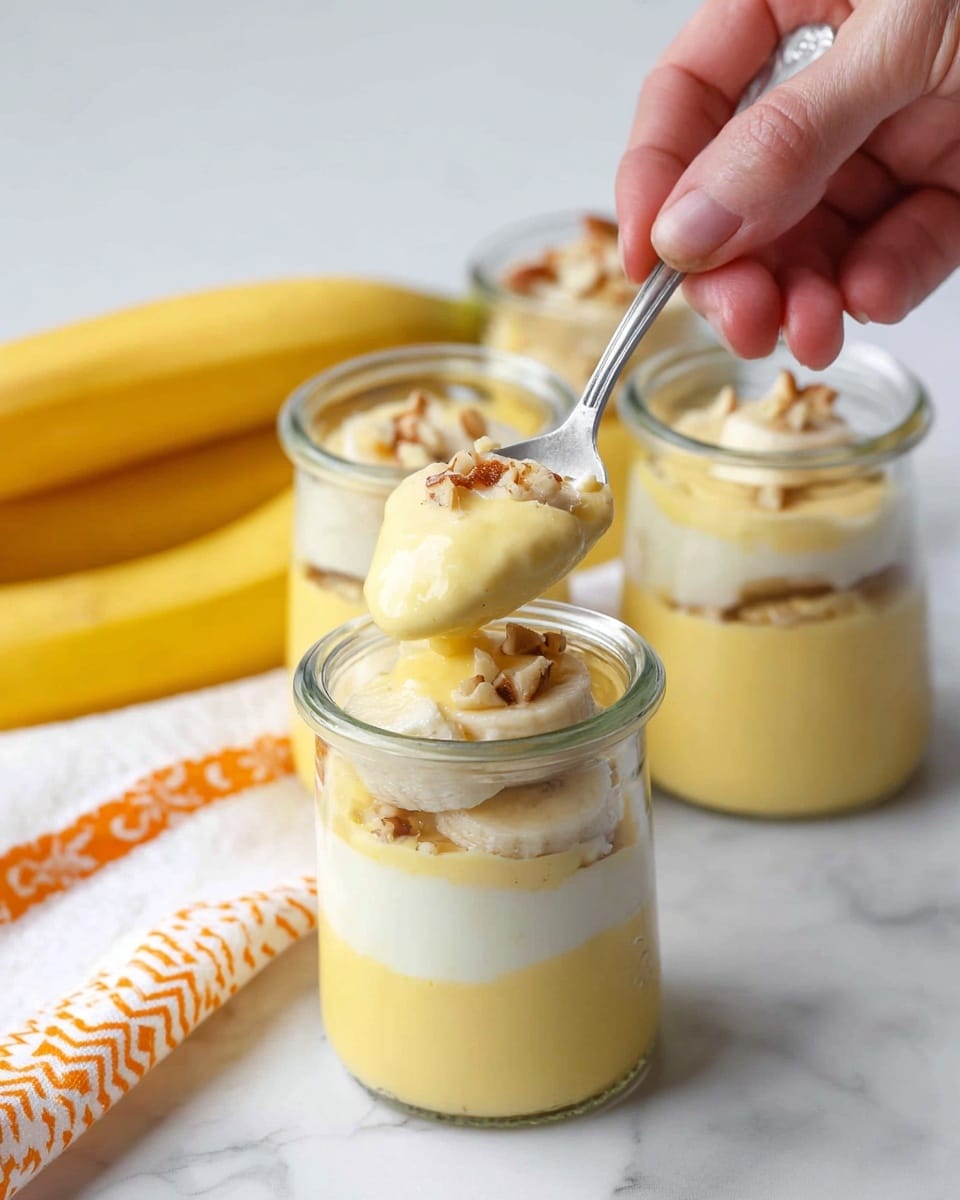 The image shows three small clear glass jars filled with a yellow creamy dessert that has three visible layers. The bottom layer is a smooth, light yellow pudding, the middle layer is a white creamy mixture with chunks of what looks like banana or nuts, and the top layer is the same yellow pudding with small nut pieces sprinkled on it. A woman's hand is holding a silver spoon scooping some of the yellow pudding from the front jar. In the background, there are two yellow bananas on a white marbled surface, and a white cloth with orange zigzag stripes runs alongside the jars. photo taken with an iphone --ar 4:5 --v 7