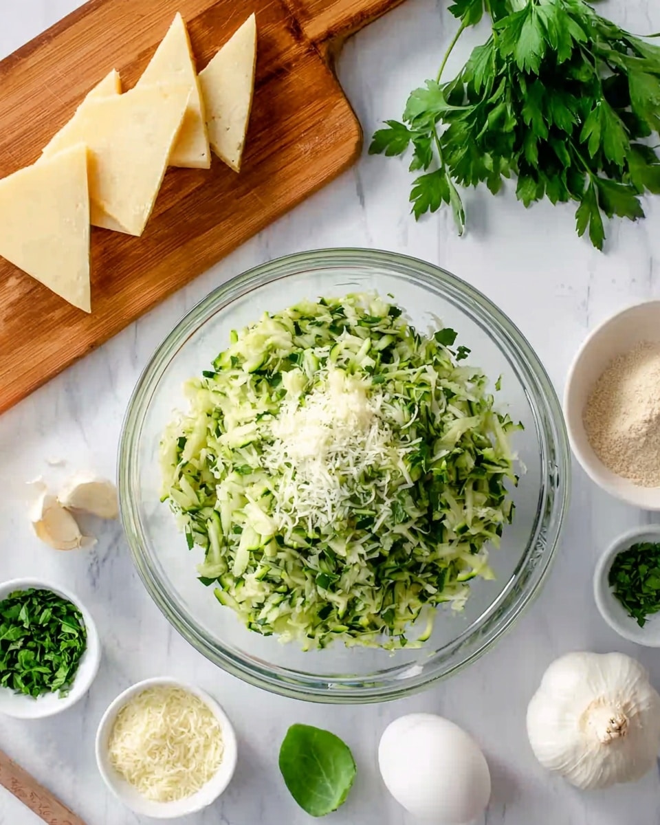 A clear glass bowl in the center filled with a mixture of green shredded zucchini and chopped fresh green herbs, with a small amount of white shredded cheese mixed in. Surrounding the bowl are small white bowls containing grated cheese, finely chopped green herbs, and a light beige powdery ingredient. On a wooden chopping board to the left, there are three triangular slices of pale yellow cheese and a bunch of fresh green parsley. Nearby, a garlic bulb, a single large white egg, and a few small green leaves are set on a white marbled surface. The scene is brightly lit, showing fresh ingredients ready for cooking, photo taken with an iphone --ar 4:5 --v 7