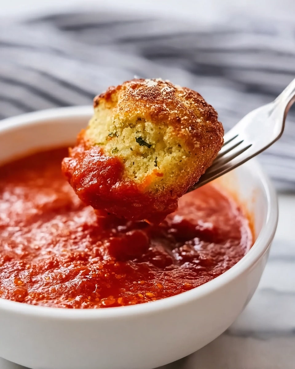 A white bowl filled with thick red tomato sauce sits on a white marbled surface. A silver fork lifts a round, golden-brown piece of food with a slightly rough texture and small green bits inside, partially dipped in the sauce. The sauce looks smooth with small chunks of tomato. The background is softly blurred with grey and white stripes. photo taken with an iphone --ar 4:5 --v 7