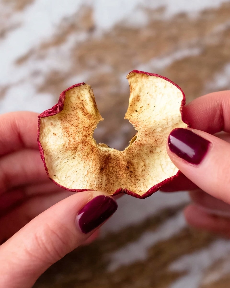 The image shows a woman's hand holding a thin dried apple slice with red skin around the edges, sprinkled with brown cinnamon powder. The woman's nails are painted dark maroon, and the background is changed to a white marbled texture. The apple slice has a rough, crinkled texture and a small hole in the center where the apple core used to be. In the second part, the woman's hands are gently breaking the apple slice in half, showing its brittle and cracked inside. photo taken with an iphone --ar 4:5 --v 7