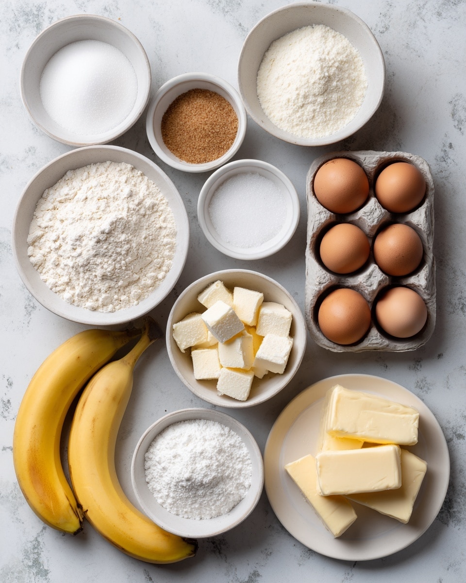 The image shows a flat lay of various baking ingredients arranged neatly on a white marbled surface. There are two yellow bananas at the bottom left. Above them, small round white bowls hold white sugar, brown sugar, and white salt. To the right are three medium white bowls filled with white flour and cubes of pale yellow butter. At the bottom right, two small white plates have rectangular blocks of light yellow butter. The top right corner has a ceramic grey tray holding four brown eggs. Each bowl and plate contrasts with the white marbled background, and the ingredients’ colors range from white and yellow to brown. photo taken with an iphone --ar 4:5 --v 7