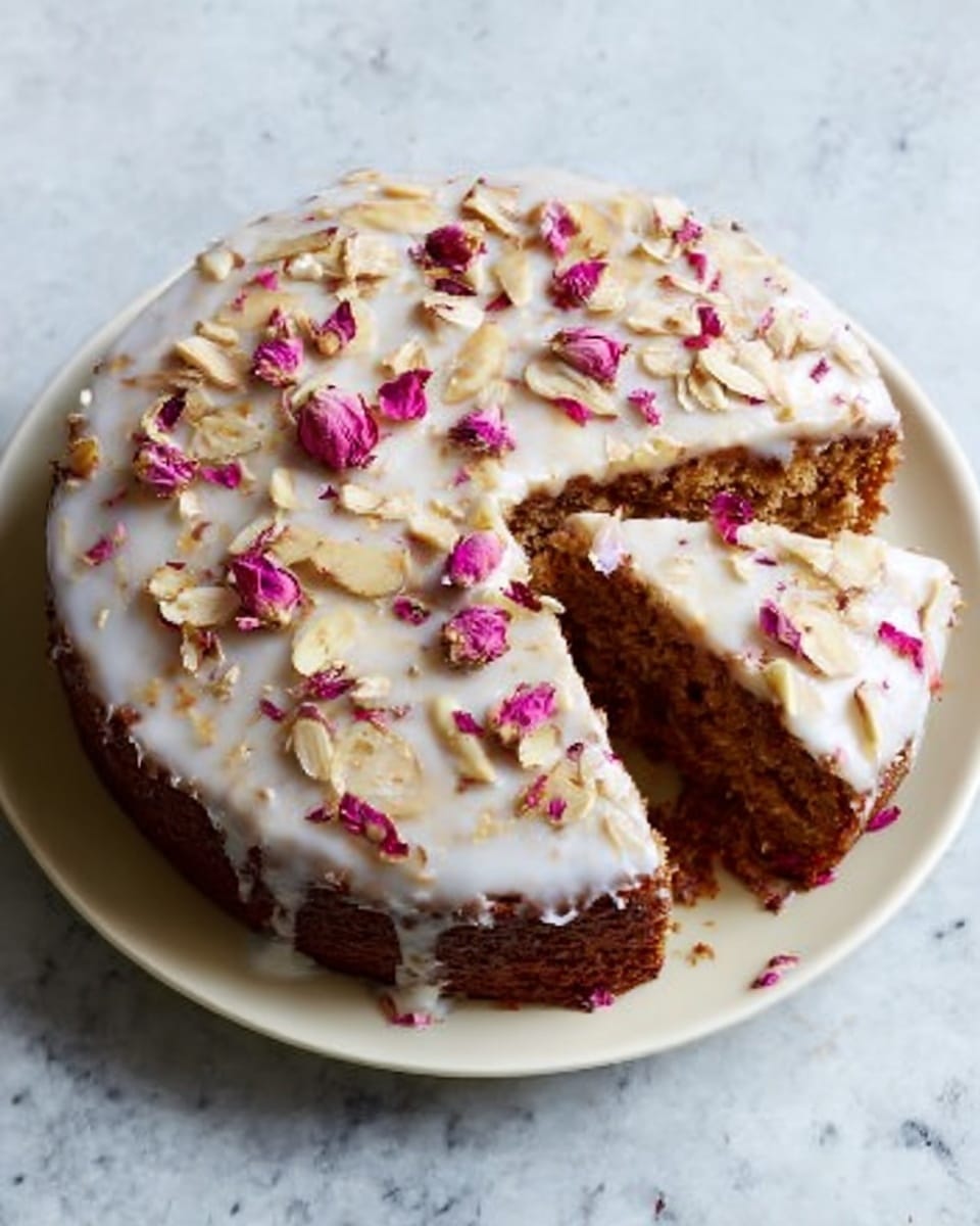 A round cake sits on a white marbled surface, placed on a white plate. The cake has one cut slice removed, showing a dark brown and moist textured inside. The top layer is covered with a smooth white icing. Scattered on the icing are light tan nuts and small pink flower petals, adding color and texture to the cake's surface. The cake’s edges are slightly uneven, showing it is homemade. Photo taken with an iphone --ar 4:5 --v 7