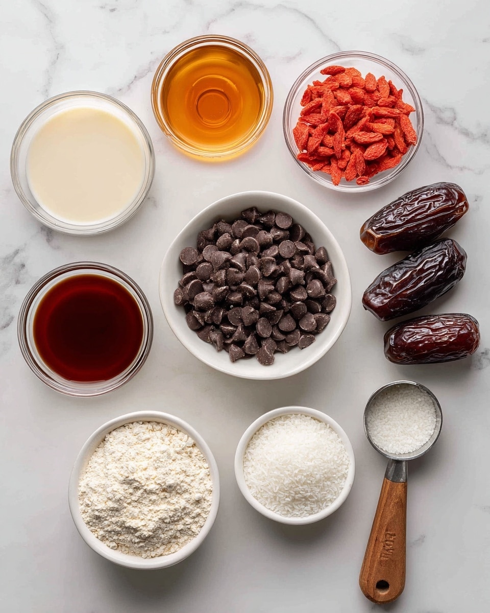 The image shows nine containers and a pile of dates on a white marbled surface. At the top center is a white bowl filled with dark brown vegan chocolate chips, to the right of it is a cluster of dark brown medjool dates. Below the chocolate chips is a small white bowl with white nut milk, next to it on the right is a small clear glass bowl holding amber vanilla liquid. Below these, on the left, is a small glass container filled with light brown maple syrup, next to it is a dark metal scoop filled with bright red freeze-dried strawberries. To the right of the scoop is a metal measuring cup packed with white shredded coconut. Below the syrup is a small glass bowl full of red strawberry jelly; beside this is a small white bowl filled with white coconut oil. On the far right is a smaller metal measuring cup containing off-white coconut flour. A wooden handle of a scoop is visible near the top right of the image. photo taken with an iphone --ar 4:5 --v 7