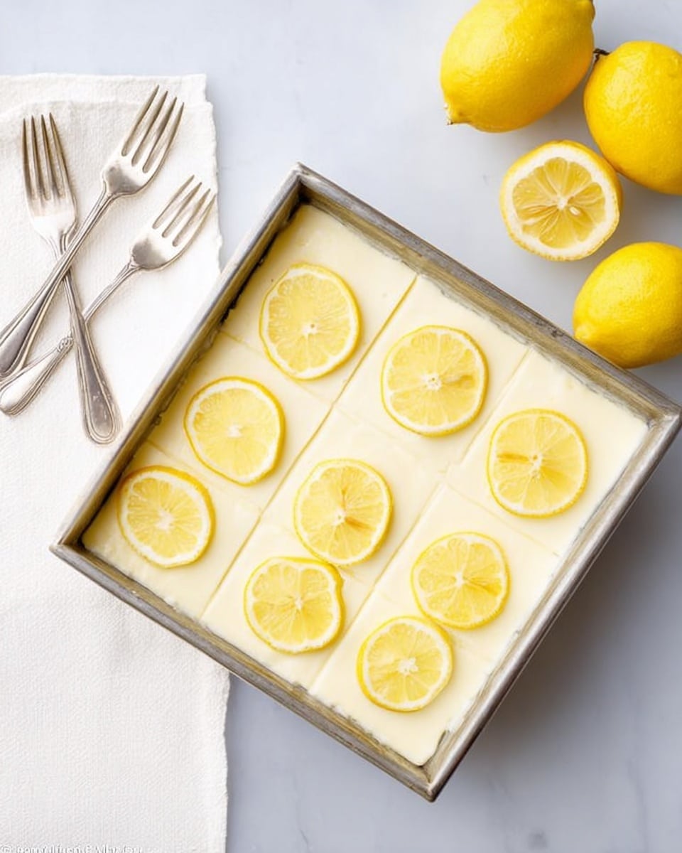 A square metal tray holds a creamy pale yellow dessert topped with nine evenly spaced lemon wedges arranged in three rows of three, each wedge showing its bright yellow skin and juicy inner flesh. To the top right of the tray, three whole lemons and one lemon half rest on a white marbled surface. To the top left, three silver forks are slightly overlapping, placed on a white cloth. The overall look is fresh and neat, with soft natural lighting. Photo taken with an iphone --ar 4:5 --v 7
