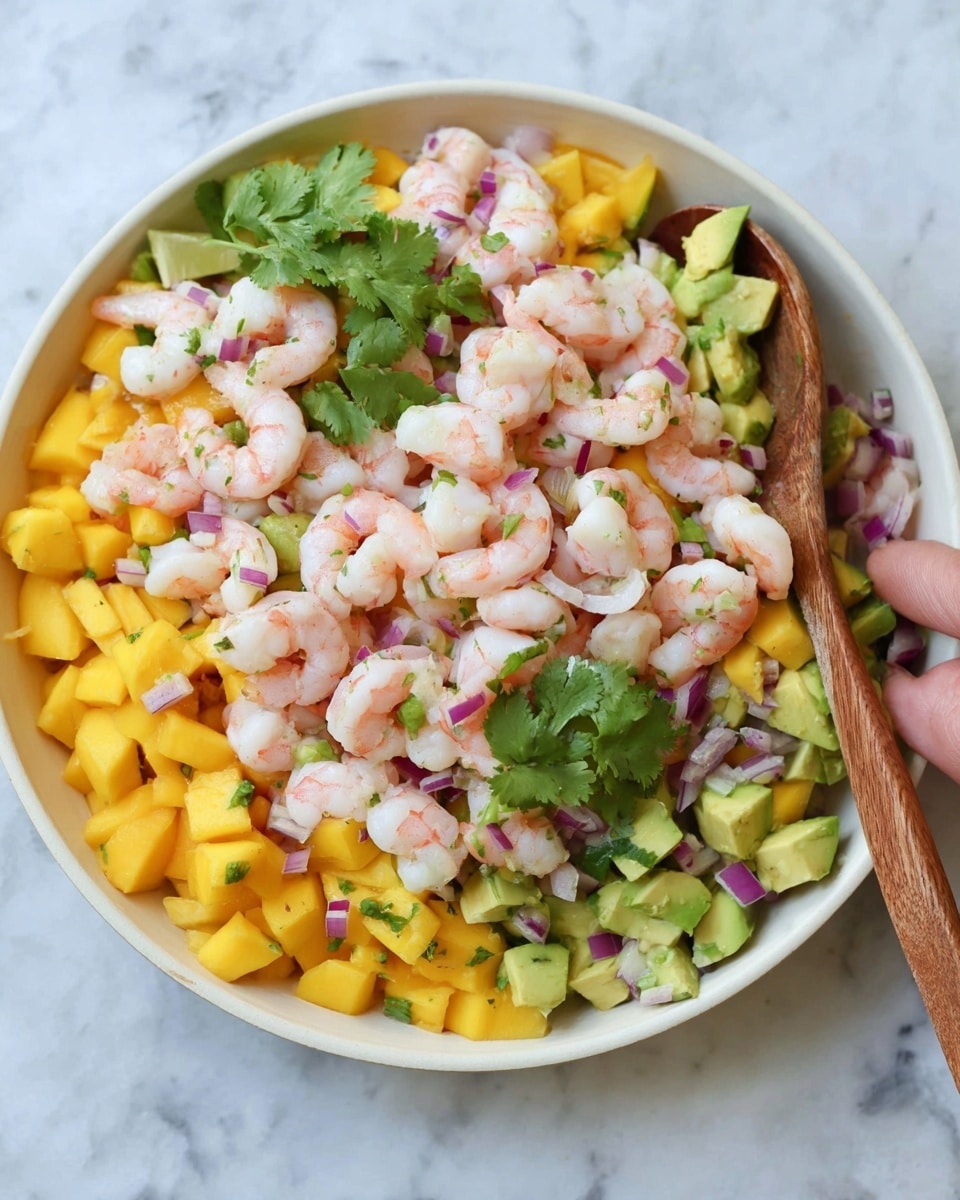 A large white bowl filled with a colorful shrimp salad sits on a white marbled surface. The salad has several layers: the bottom layer is made of small bright yellow mango cubes, mixed with light green avocado chunks. On top of this, there is a layer of pink and white cooked shrimp, scattered evenly. Small pieces of red onion add pops of purple throughout, and fresh green cilantro leaves are spread on top. A woman's hand holds a large wooden spoon near the edge of the bowl. The image looks fresh and vibrant, showing the mix of colors and textures clearly. photo taken with an iphone --ar 4:5 --v 7