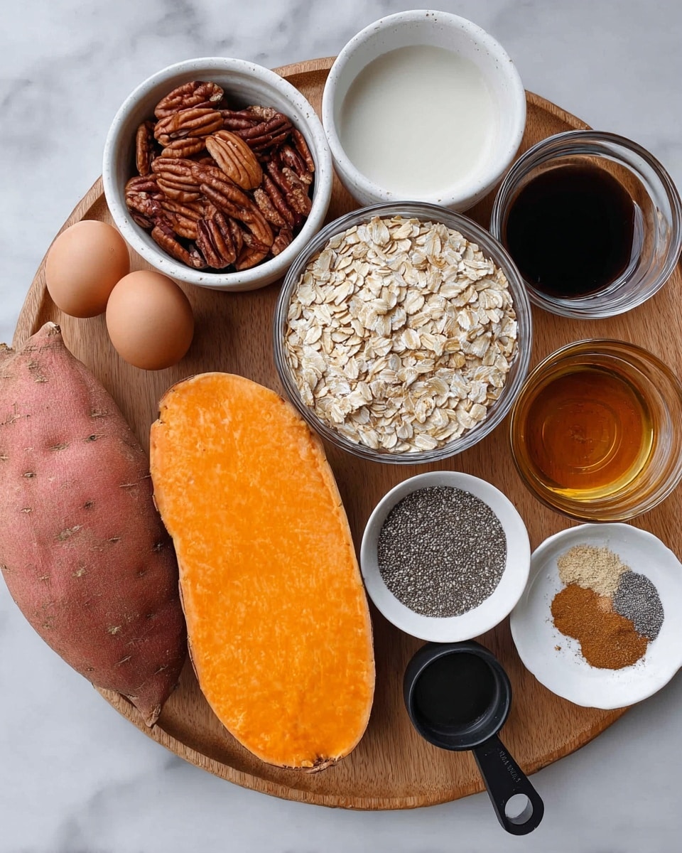 The image shows a round wooden board on a white marbled surface, holding several ingredients. On the left side, there is a large orange sweet potato. Next to it are two light brown eggs. Above the eggs are bowls containing different ingredients: a white bowl filled with brown pecans, a white bowl with tiny gray chia seeds, a clear glass bowl full of light beige rolled oats, a small white bowl with dark amber honey, a small white bowl with dark thick maple syrup, and a small white plate with ground spices including brown and light brown powders. There is also a black measuring spoon resting across the board near the eggs. The arrangement is neat and well-lit, showcasing the textures and colors clearly. photo taken with an iphone --ar 4:5 --v 7