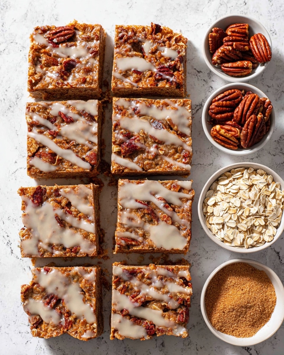 A close-up view shows a woman's hand holding a square oat bar with three visible layers: a thick bottom layer of dense, golden-brown oats mixed with chopped nuts, a middle layer with a caramel-like texture and color, and a thin top layer drizzled with white icing and sprinkled with chopped pecans. Below, the rest of the oat bars are arranged in a grid on a white marbled surface, each square showing a similar three-layer build with the same icing and pecan topping. In the background, small white bowls hold brown and pale beige powdered ingredients. Photo taken with an iphone --ar 4:5 --v 7