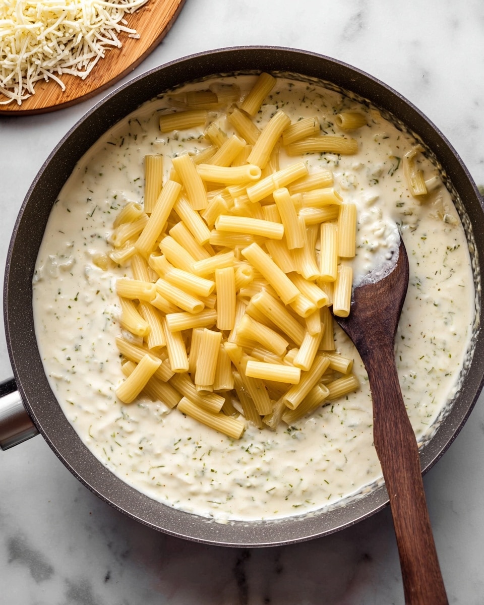 A top view of a black pan filled with a creamy white sauce that looks smooth and thick. In the left image, there is a small heap of bright yellow zest on the left side near the center of the sauce. In the right image, the sauce has two small piles on top: one of white grated cheese and the other of finely chopped green herbs, both placed closely together in the center. The pan rests on a white marbled surface. photo taken with an iphone --ar 4:5 --v 7