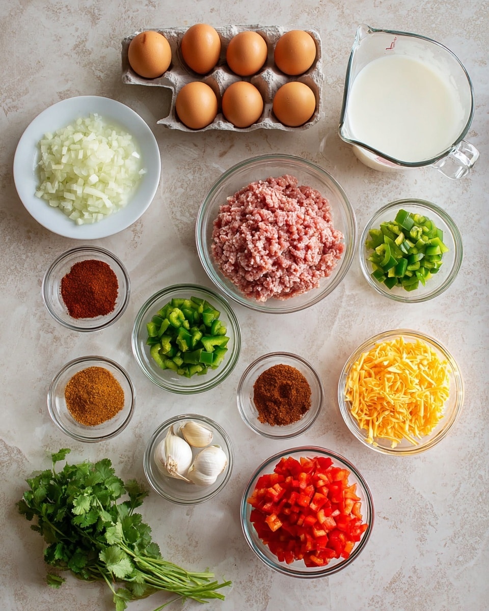 The image shows a top view of cooking ingredients neatly arranged on a white marbled surface. There are 10 brown eggs in a carton in the center left. To the left of the eggs is a small glass bowl with chopped white onions and below it a white plate with four different ground spices in small piles showing red, brown, dark red, and light brown colors. Centered is a glass bowl with raw ground meat that has a pink and white mix. Surrounding this are four small glass bowls: one with chopped green bell peppers at the top, one with chopped red bell peppers at the bottom right, one with shredded orange cheddar cheese on the middle right, and one small bowl with two garlic cloves below the cheese. A glass measuring cup with white milk is placed above the cheese bowl. In between the meat and the red pepper is a small bunch of green cilantro leaves. The overall look is clean with bright natural lighting. Photo taken with an iphone --ar 4:5 --v 7