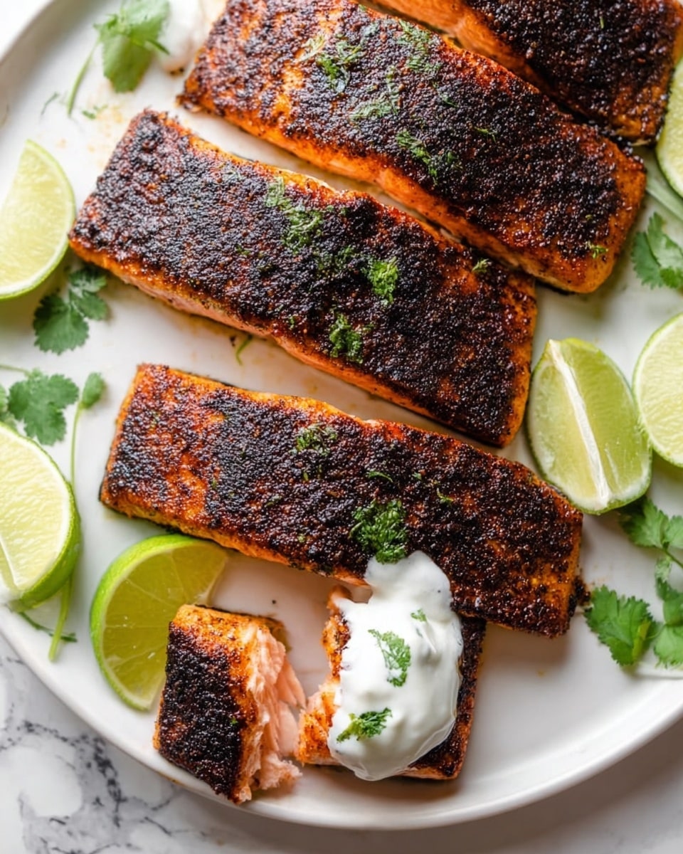 A white plate with four pieces of crispy blackened salmon, each with a dark, textured crust on top and a bright orange inside showing at the edges; one piece is cut into three smaller sections with a smooth dollop of white sauce topped with a small green herb; lime slices and green leaves are placed around the salmon on the plate, all set on a white marbled surface photo taken with an iphone --ar 4:5 --v 7