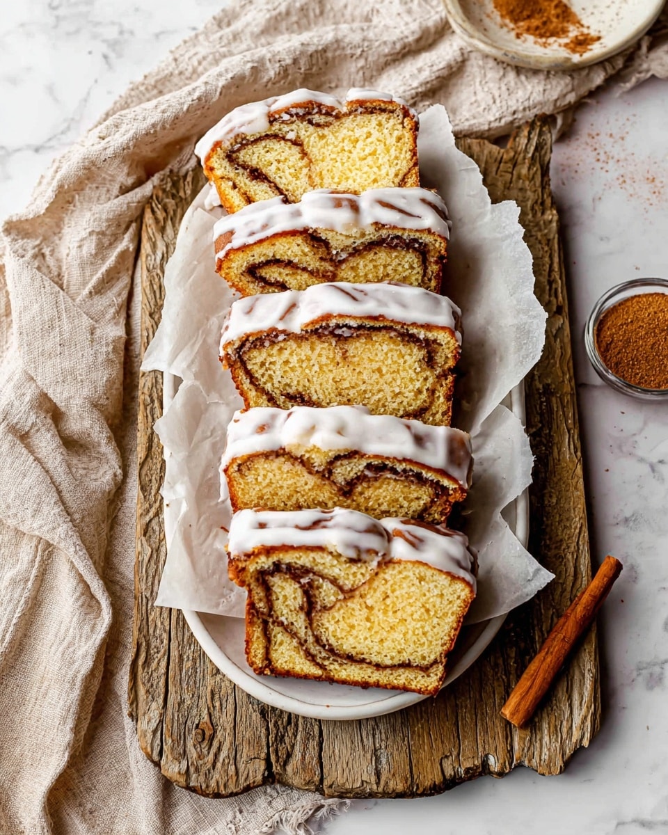 There are six rectangular slices of cinnamon swirl cake arranged in two rows on a white plate lined with parchment paper. Each slice shows a golden-brown crust with a thick layer of white icing on top and a visible dark cinnamon swirl running through the soft yellow cake inside. The plate is placed on a rough wooden board, which rests on a crumpled beige cloth on a white marbled surface. To the right of the plate, there is a small clear bowl with ground cinnamon and a cinnamon stick resting on top. Photo taken with an iphone --ar 4:5 --v 7