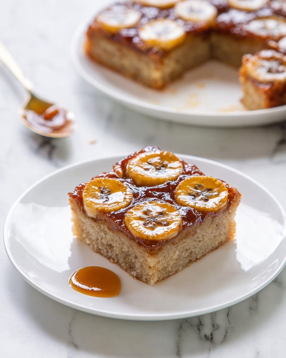 The image shows a square piece of banana cake on a white plate, with a shiny caramelized top layer made of banana slices that are golden and slightly translucent, placed evenly over the cake. The cake layer below is light brown and moist with a soft texture. A small drop of caramel sauce is on the plate next to the cake. In the background, there is a larger white plate with more pieces of the same banana cake, one piece is missing, showing the same layered detail as the piece in front. A spoon with caramel sauce rests near the front plate on the white marbled surface. Photo taken with an iphone --ar 4:5 --v 7