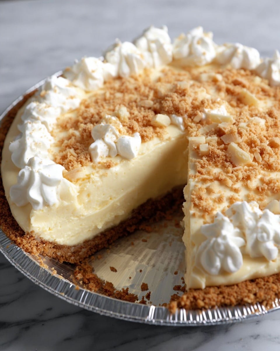 The image shows a slice of cream pie on a white plate, placed on a white marble surface. The pie has three layers: a golden brown crust at the bottom, a thick creamy yellow filling in the middle, and a large fluffy white topping of whipped cream with small crumbs sprinkled on top. The slice looks soft and smooth with rough texture from the crumbs on the top layer. Photo taken with an iphone --ar 4:5 --v 7