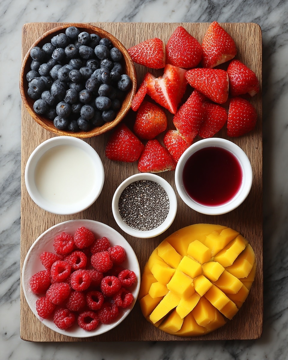 A wooden board on a white marbled surface holds an organized array of fresh ingredients arranged in a grid; top left is a small wooden bowl full of round, deep blue blueberries, with bright red strawberries, some halved to show inside, filling the left center space below it. At center top are two white bowls, one with white liquid and the other with dark red liquid. Below them is another white bowl with black chia seeds soaked in liquid, showing a speckled white pattern. At the bottom right, two halves of a bright yellow mango are scored into cubes but still attached to the skin. A white bowl filled with bright red raspberries sits between the strawberries and mango halves. Photo taken with an iphone --ar 4:5 --v 7