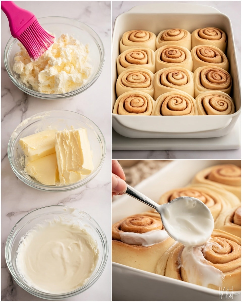 The image shows a process of making cinnamon rolls in a white baking dish placed on a white marbled surface. The first layer is 15 raw cinnamon rolls arranged in three rows of five, with a pale dough color and spiral shape. In the second frame, a woman's hand is brushing the rolls with a pink silicone brush, giving them a slight shine. Below these, two small glass bowls are visible: one with a creamy pale butter mixture and the other with a smooth white glaze. The last close-up image shows a few freshly baked golden brown cinnamon rolls partially covered with thick white icing being spread with a silver spoon. Photo taken with an iphone --ar 4:5 --v 7