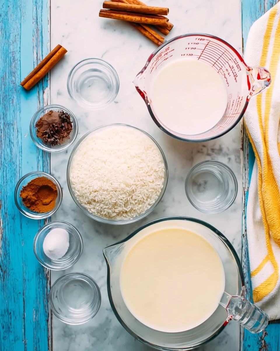 The image shows an arrangement of cooking ingredients on a white marbled surface with a blue distressed wooden look. On the top right, there is a clear glass measuring cup filled with white milk, marked with red measurement lines. Below it, a smaller clear glass measuring cup holds water. In the center, there is a clear glass bowl filled with white rice grains. To the bottom left, a larger clear glass bowl contains a creamy off-white liquid. To the left of the bowl, three small clear bowls hold spices: one with dark brown powder, one with light brown powder, and one with a small amount of dark liquid. There is also a small clear bowl with white salt near the top center. Scattered around are four cinnamon sticks and one nutmeg, along with a white towel with yellow and gray stripes on the top right corner. Photo taken with an iphone --ar 4:5 --v 7