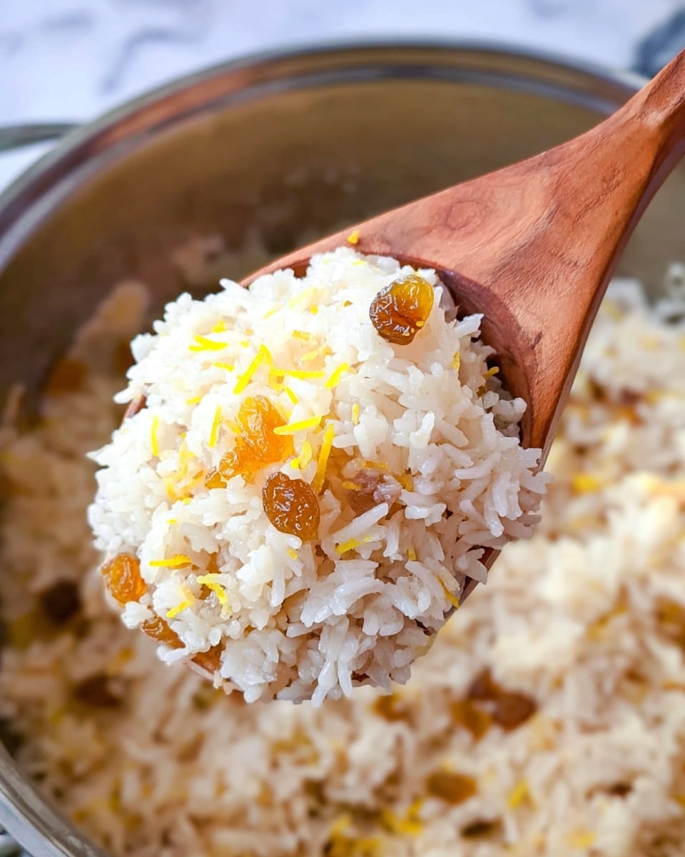 A wooden spoon lifts a close-up scoop of cooked white rice mixed with small golden raisins and thin orange zest strands. The rice looks soft and fluffy with the raisins and zest evenly spread throughout. The background shows more rice in a pot, all sitting on a white marbled surface with soft lighting in the scene. Photo taken with an iphone --ar 4:5 --v 7