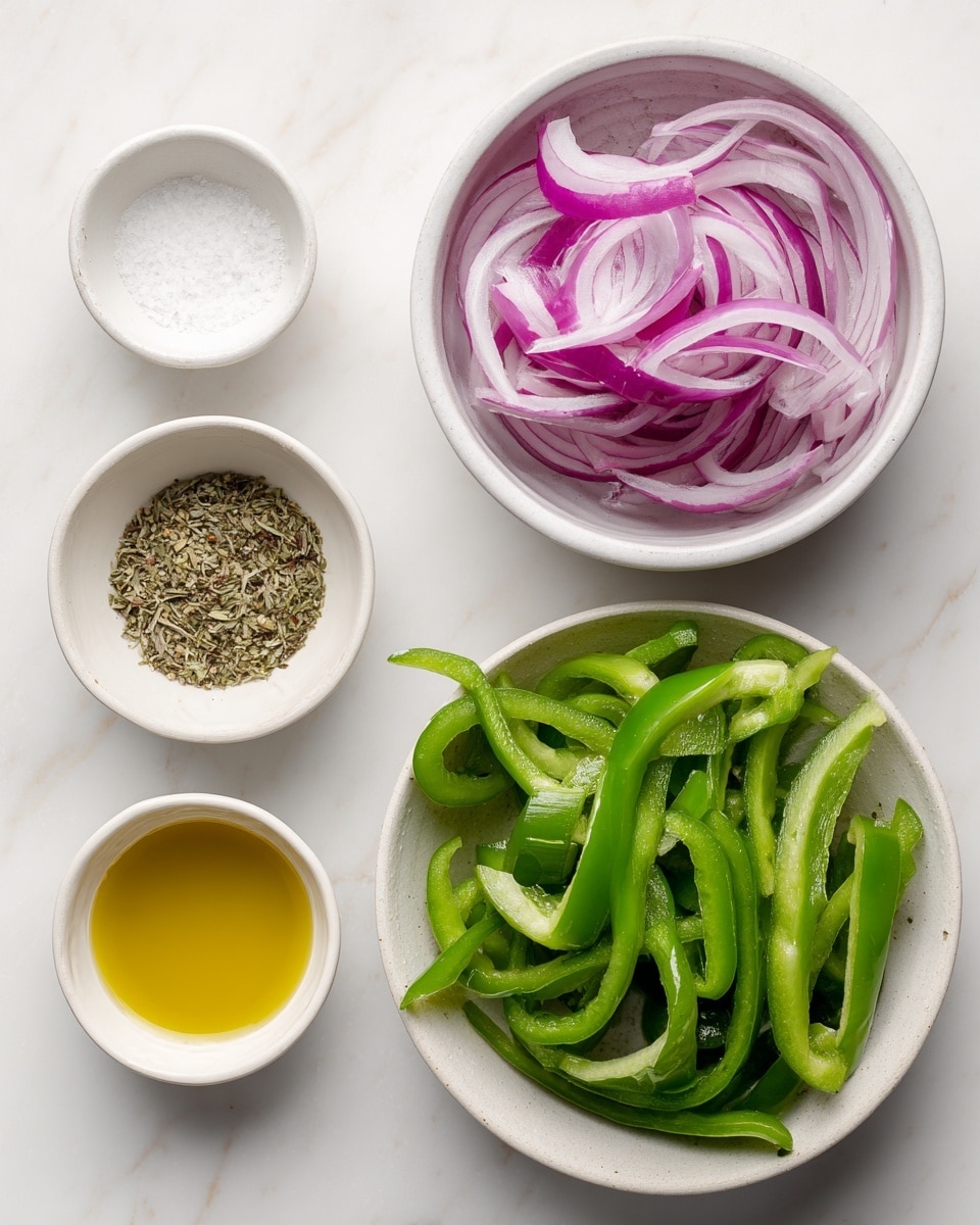 The image shows four white bowls with different ingredients on a white marbled background. At the top right, a white bowl is filled with thin, curly slices of red onion, showing their purple and white layers clearly. Below that, a larger white bowl holds long, thin strips of green pepper with smooth, shiny surfaces. To the left of the green pepper bowl, there is a very small white bowl containing golden-yellow vegetable oil. Above it, a small white bowl contains a mix of kosher salt and dried oregano, with the salt being white and the oregano small green flakes. The arrangement is neat, and the light is bright, highlighting the fresh textures of the vegetables. photo taken with an iphone --ar 4:5 --v 7