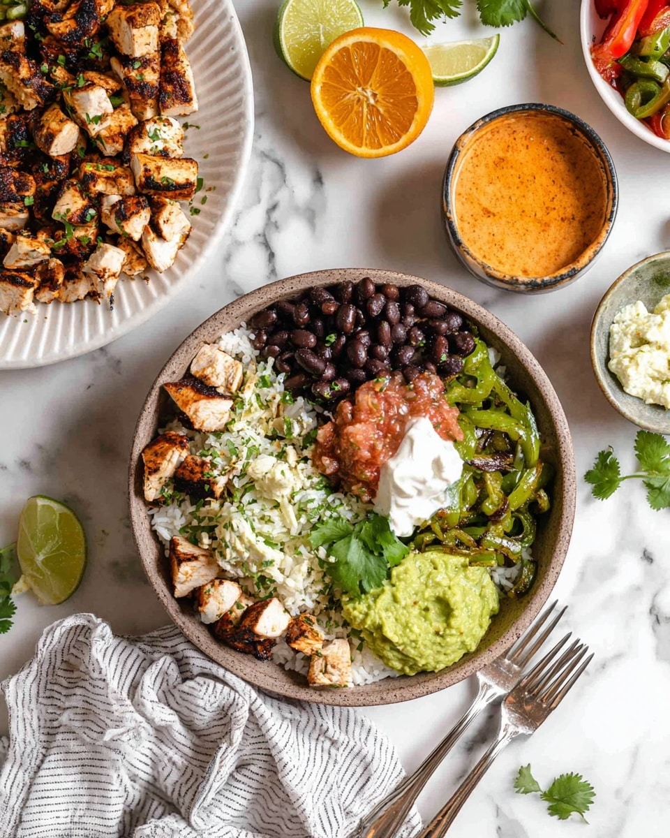 The image shows a bowl with four main layers: at the bottom is white rice mixed with chopped herbs, topped with grilled pieces of chicken with a slightly charred texture and sprinkled with green cilantro. On one side of the chicken are black beans that look glossy, on the other side are sautéed green bell pepper and onion strips that have a soft texture. Above the chicken are three dollops: two green guacamole and one white sour cream, all slightly smooth and creamy, with a reddish salsa placed over the sour cream. A wedge of lime sits beside the chicken. Around the bowl are a halved orange and lime on a white marbled surface. Nearby is a white plate with chopped grilled chicken pieces, a small bowl with a thick orange sauce, and another bowl with mixed sautéed peppers and rice. A woman's hand holds a fork resting on a white cloth with grey stripes. photo taken with an iphone --ar 4:5 --v 7