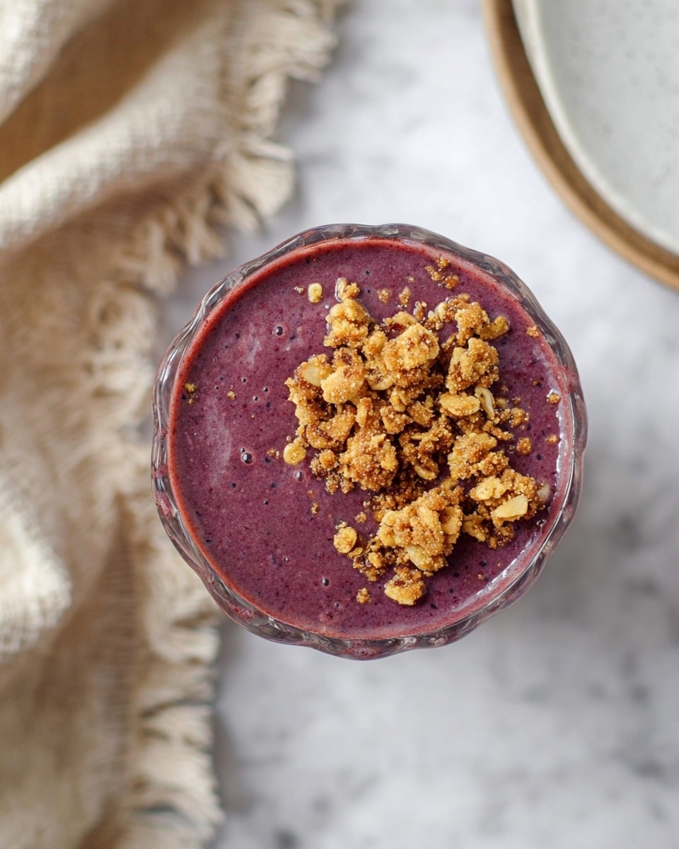 A top view of a deep purple smoothie served in a clear glass with scalloped edges, topped with clusters of golden brown granola pieces scattered unevenly on the surface. The glass is placed on a white marbled surface, with a blurred beige fringed cloth on the left and parts of white plates visible on the right and top edges. The smoothie has a thick, slightly textured look with tiny specks visible throughout, and light reflecting softly on its surface. photo taken with an iphone --ar 4:5 --v 7