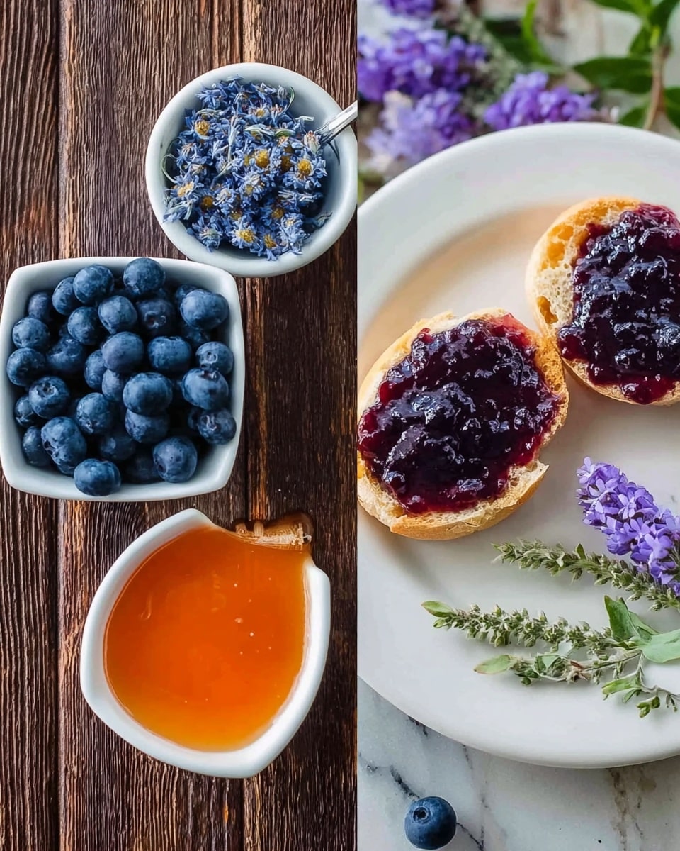 The image shows two parts: on the left side, there is a white bowl with orange honey, a white bowl with small blue dried flowers, and a white square bowl filled with fresh round blueberries, all placed on a dark wooden surface. On the right side, a white round plate holds two halves of a small bread roll, each topped with dark purple blueberry jam that looks glossy and thick. Around the bread on the plate, there are small sprigs of purple and green flowers for decoration. The background behind the plate has a white marbled texture photo taken with an iphone --ar 4:5 --v 7