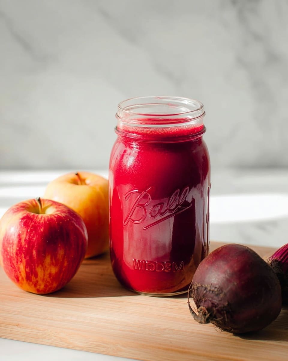 A clear glass jar filled with bright red, smooth puree that almost reaches the brim, placed on a light wooden board. Around the jar, there are two red and yellow apples and one dark red beetroot, all resting on the wooden surface. The setting is against a white marbled background with soft natural light coming from the left side, creating gentle shadows. The jar has