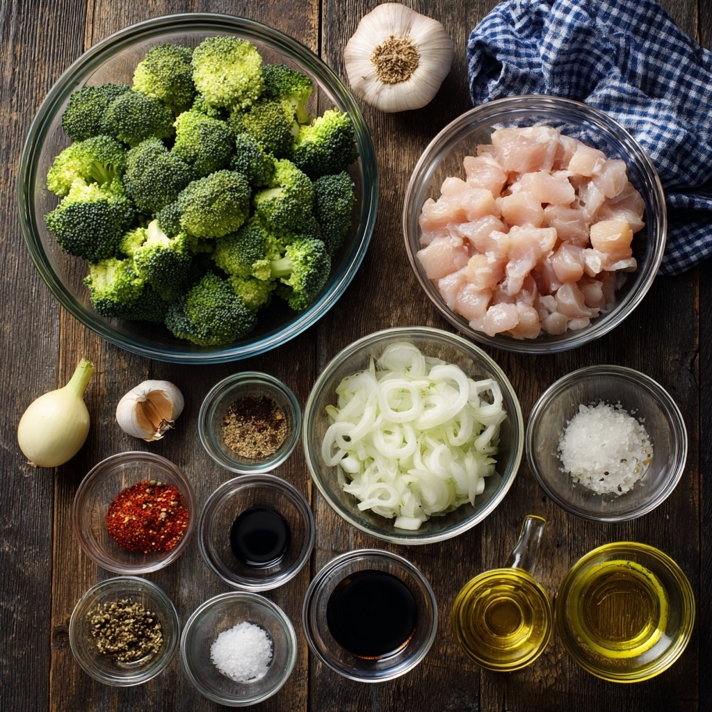 The image shows a top-down view of several clear glass bowls arranged on a dark wooden surface. The largest bowl at the top center contains bright green broccoli florets. To its right is another large bowl filled with pale pink diced raw chicken. Below this bowl, a medium-sized bowl holds sliced white onions. Several small glass bowls are scattered around, each with different ingredients: one with a red spice powder, one with minced garlic, one with black pepper, one with a dark soy sauce, one with a light golden liquid, one with olive oil, and one with white salt. There are also a few loose broccoli florets, a whole onion, a bulb of garlic, and a blue and white checkered kitchen towel in the upper right corner. The ingredients are neatly arranged and ready for cooking. Photo taken with an iphone --ar 4:5 --v 7