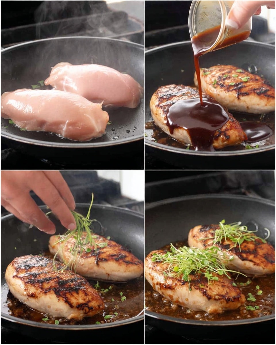 The image shows four steps of cooking chicken in a black pan. In the first step, two pale pink raw chicken pieces sit side by side in the pan with steam rising. Next, the chicken pieces turn golden brown with crispy, dark grill marks clear on their top surfaces. In the third step, a dark brown sauce is poured over the browned chicken from a measuring cup, creating a glossy layer on top. In the last step, a woman's hand sprinkles fresh thin green herb strips over the chicken, which is now richly browned with sauce and resting in a small amount of simmering liquid in the pan. The pan is on a stove with a black background. photo taken with an iphone --ar 4:5 --v 7