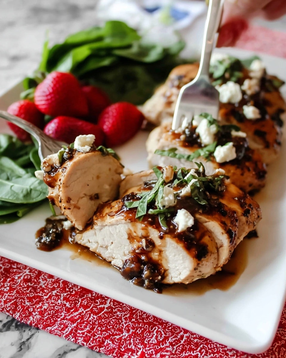 The image shows two grilled meat pieces with a shiny, dark brown glaze on top, placed side by side on a white plate. The meat has charred edges and is garnished with small white crumbles and thin green leaf strips scattered over the top. Underneath the meat, there is a bed of fresh green leafy vegetables, and behind the meat, there are a few red strawberries. The plate is set on a white marbled surface, and in the background, a glass jar with a red and white checkered lid is partially visible. photo taken with an iphone --ar 4:5 --v 7