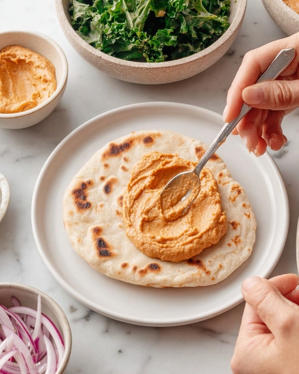 A white plate holds one flat round piece of light beige bread with slightly browned spots on top. A woman's hand steadies the plate while another woman's hand uses a spoon to spread a thick, creamy orange spread evenly on the bread's surface. In the background, there is a bowl filled with green leafy salad and another bowl containing more of the orange spread. Thinly sliced red onions are visible in another white bowl near the bottom left corner. The scene is set on a white marbled surface, giving a clean and fresh look. Photo taken with an iphone --ar 4:5 --v 7
