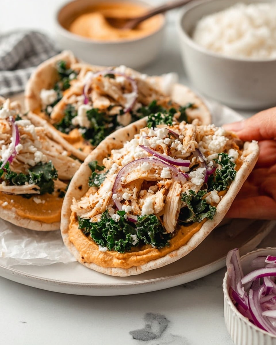 The image shows two pita sandwiches placed in a white plate on a white marbled surface. Each pita is open and filled with several layers: a bottom layer of smooth, light orange spread, followed by fresh, green kale leaves, thin slices of purple onion, and shredded cooked chicken with a light beige color on top. Some tiny white crumbles are sprinkled over the chicken. In the background, there is a small bowl with more orange spread and another bowl with white rice, as well as a small white bowl with sliced purple onions in the foreground. A woman's hand is gently holding one of the pita sandwiches. Photo taken with an iphone --ar 4:5 --v 7