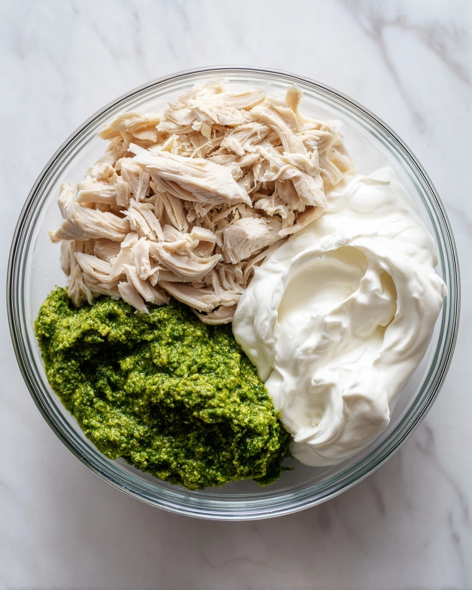 A clear glass bowl sits on a white marbled surface, holding three separate layers of ingredients that fill the bowl equally. One section has shredded light beige chicken pieces with a soft texture, another section contains a bright green pesto with a thick, slightly chunky texture, and the last section holds creamy white Greek yogurt that looks smooth and thick. The ingredients are placed side by side, not mixed, showing a clear division between each component. photo taken with an iphone --ar 4:5 --v 7
